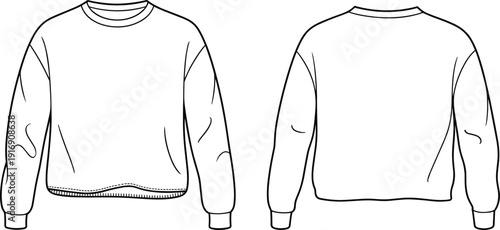 Technical fashion flat sketch of classic crewneck sweatshirt with long sleeves, ribbed cuffs and hem, front and back views, vector template