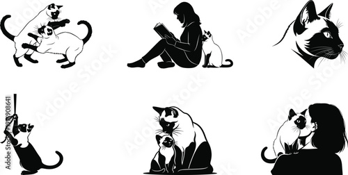 Six black and white silhouette animal illustrations including cats and dogs