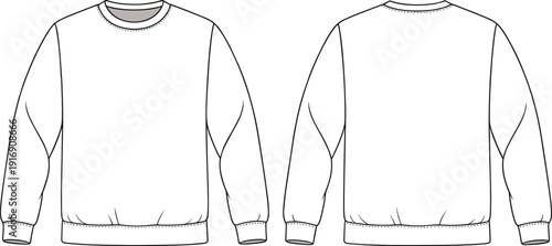 Technical fashion flat sketch of classic crewneck sweatshirt with long sleeves, ribbed cuffs and hem, minimalist casual apparel, front back views