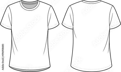 Technical fashion flat sketch of classic crewneck t-shirt with short sleeves, clean minimalist casual apparel design, front and back views template