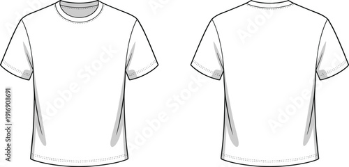 Technical fashion flat sketch of classic crewneck t-shirt with short sleeves, clean minimalist casual apparel design, front and back views