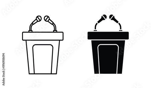 Two podiums with microphones in black and white line art style for presentations or speeches