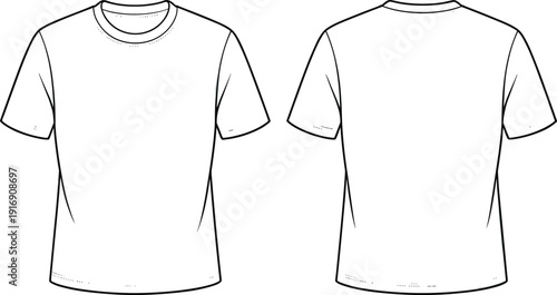 Technical fashion flat sketch of classic crewneck t-shirt with short sleeves, minimalist casual apparel design, front and back views template