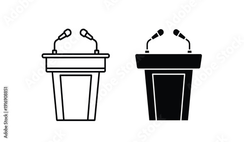 Two podiums with microphones on top in black and white line art style for presentations or speeches