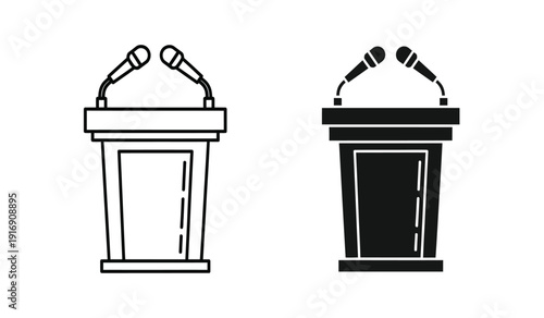 Two podiums with microphones on top for public speaking events in black and white