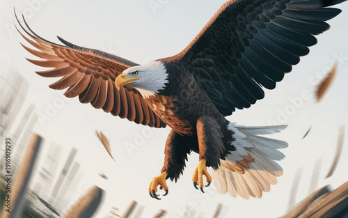 Majestic eagle in mid-flight with outstretched wings and sharp talons.