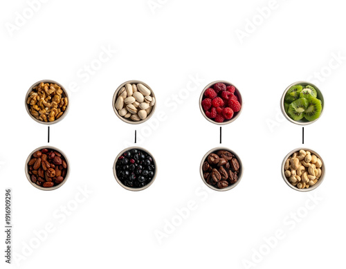 Eight bowls of nuts, berries, coffee beans, and kiwi slices