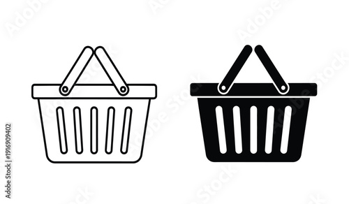 Black and white line art shopping baskets icon set for ecommerce