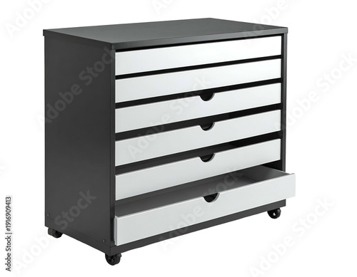 Gray cabinet with six white drawers, one open, on casters