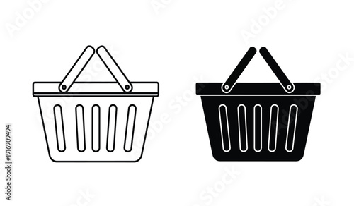Black and white line art shopping baskets with handles icon set