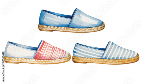 Hand painted watercolor espadrille shoes set with striped and solid designs in soft summer pastel tones.