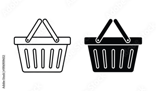Black and white shopping basket icons in line art style for ecommerce and retail use