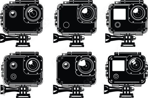 Action camera silhouette illustration, GoPro style vector design, black icon set, detailed lens screen buttons, modern technology photography equipment graphic