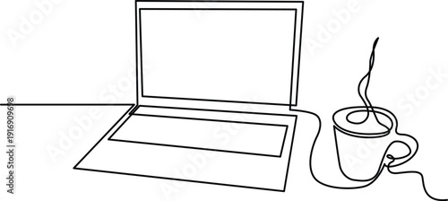 A steaming cup of coffee next to an open laptop on a desk. Vector