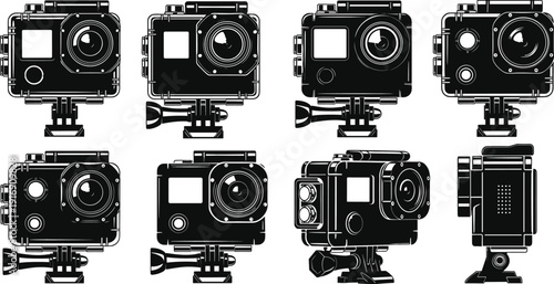 Action camera silhouettes, GoPro style, adventure gear, extreme sports equipment, videography tools, helmet mount, tripod mount, outdoor filming devicesAction camera silhouettes, GoPro style, 