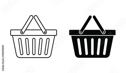 Black and white line art shopping baskets with handles icon set