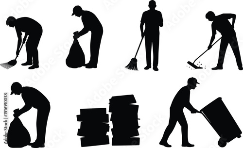 Cleaning worker silhouettes with broom, rake, garbage bag, sweeping, trash bin, manual labor, janitorial tasks, maintenance, sanitation illustration