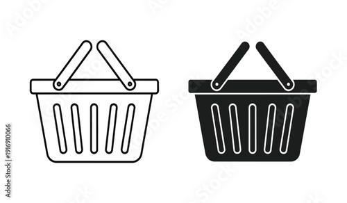 Black and white shopping basket icons in line art style for ecommerce and retail use