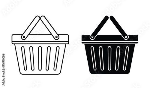 Two shopping baskets icons in black and white line art style for ecommerce or retail use