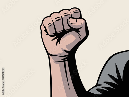 Cartoon style clenched fist raised in protest or solidarity.