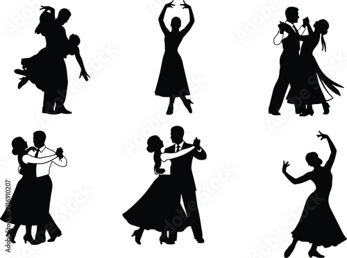 Dance silhouettes, ballroom dancers, elegant poses, classical dance movements, solo performance, partnered choreography, graceful stances, artistic expression, formal attire