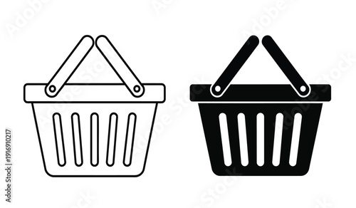 Black and white line art shopping baskets with handles icon set