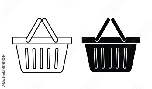 Black and white line art shopping baskets with handles icon set
