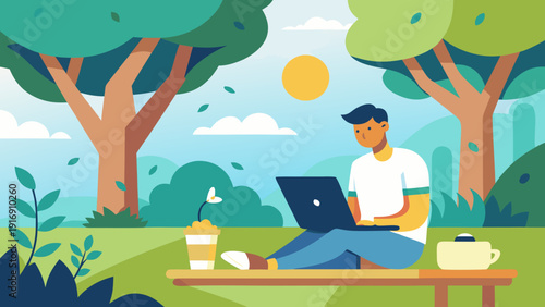 Man working on laptop in park, freelancer sitting on grass with coffee and books, remote work and outdoor lifestyle illustration