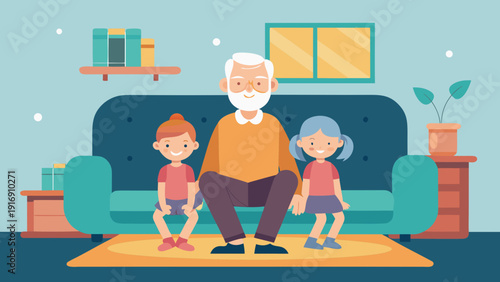 Vector illustration of Grandfather sitting on sofa with grandchildren in cozy living room, happy family spending time together at home, flat cartoon illustration