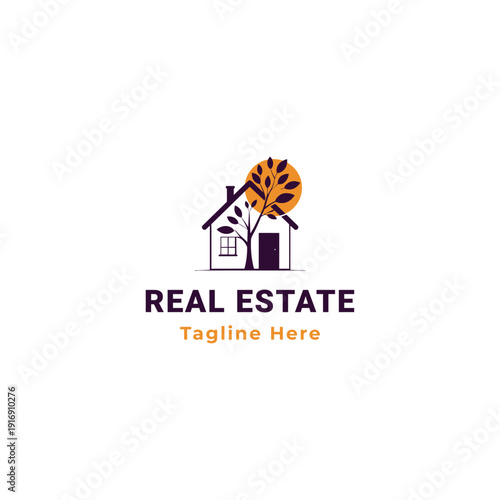 Modern real estate logo with minimalist house and sun, suitable for property, realty, home, agency branding, vibrant purple and orange colours, adaptable to light and dark backgrounds
