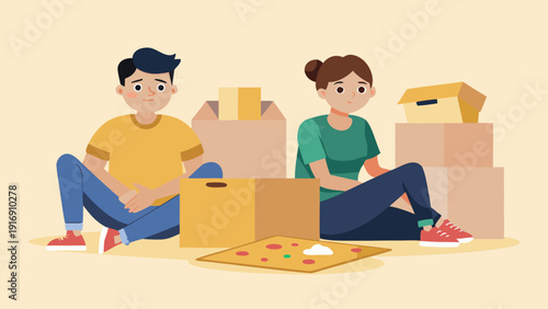 Two young men sitting on floor with pizza and smartphones among cardboard boxes, friends moving into new home and relaxing together, flat cartoon illustration