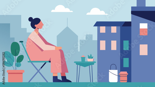 Woman sitting on balcony with city view, relaxing at home terrace with plants and coffee, peaceful urban lifestyle illustration