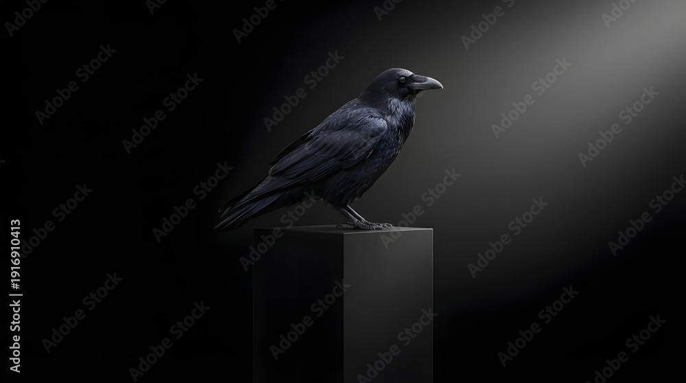Obraz premium A black raven perches on a pedestal against a dark background with a spotlight shining down.