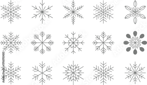 Snowflake vector icon collection, geometric winter frost crystals set minimal outline decorative seasonal symbols clean design pack