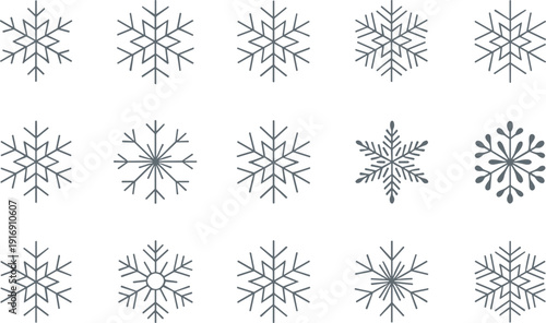 Snowflake icon set, winter crystal symbols collection with geometric frost shapes minimal outline design seasonal decorative vector pack