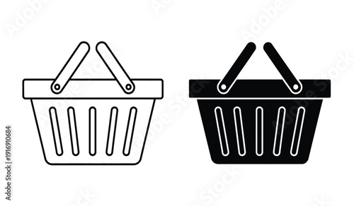 Black and white shopping basket icons in line art style for ecommerce and retail use