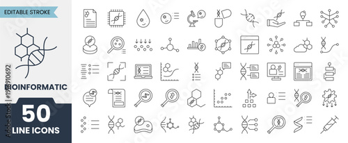 Bioinformatics line icons set with editable stroke. Vector illustration