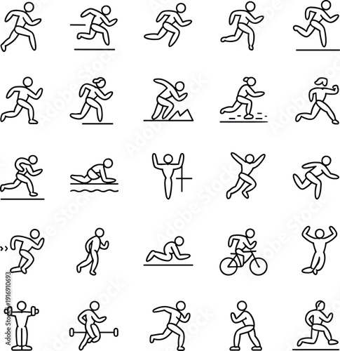 Running sport activity line icon set showing athletes jogging sprinting cycling swimming training and fitness exercises collection vector