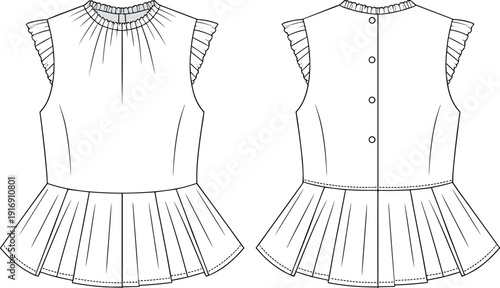 Technical fashion flat sketch of sleeveless peplum blouse with ruffle cap sleeves, pleated hem, front and back views, apparel design template, vector garment illustration