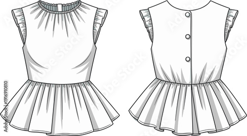 Technical fashion flat sketch of sleeveless peplum blouse with ruffle cap sleeves, gathered neckline, pleated hem, front and back views vector template