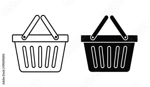 Black and white shopping basket icons in line art style for ecommerce and retail use