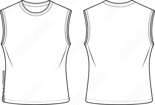 Technical fashion flat sketch of sleeveless tank top with crew neckline, fitted silhouette, minimalist casual apparel design, front and back views