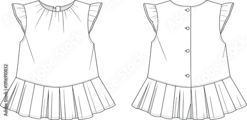 Technical fashion flat sketch of sleeveless peplum top with ruffle sleeves, pleated hem, front and back views, apparel design template vector illustration