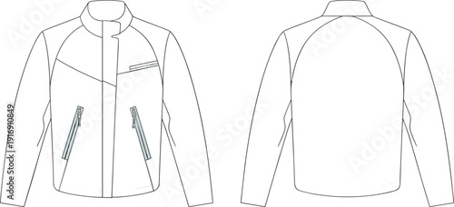 Technical fashion flat sketch of sporty zip jacket with stand collar, raglan sleeves, zipper pockets, minimalist casual outerwear front back views