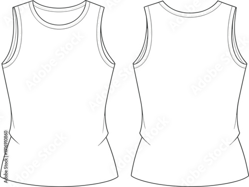 Technical fashion flat sketch of sleeveless tank top with crew neckline, minimalist casual apparel design, front and back views template
