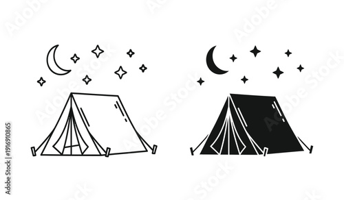 Black and white illustration of two tents under starry night sky with crescent moon
