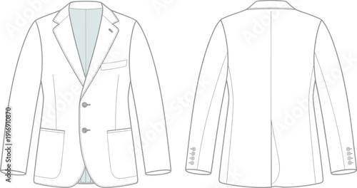 Technical fashion flat sketch of tailored blazer jacket with lapel collar, button closure, patch pockets, front and back views, apparel vector template