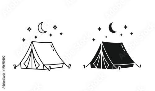 Black and white illustration of two camping tents under a starry night sky with crescent moon