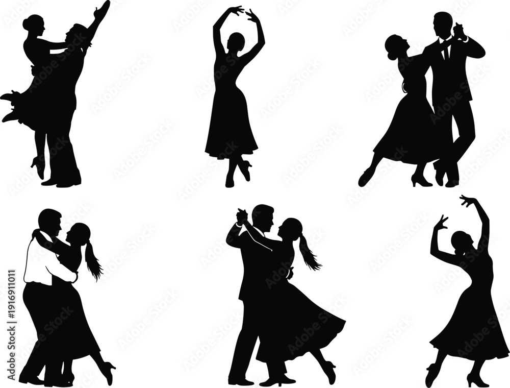 Obraz premium Silhouette dancing couples illustration, formal attire vector design, elegant partner dance poses, expressive movement icon, ballroom performance art, coordinated choreography dancing couples 