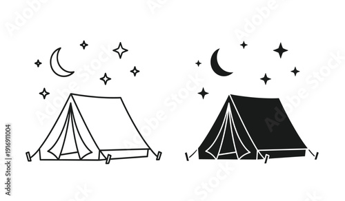 Black and white illustration of two tents under starry night sky with crescent moon